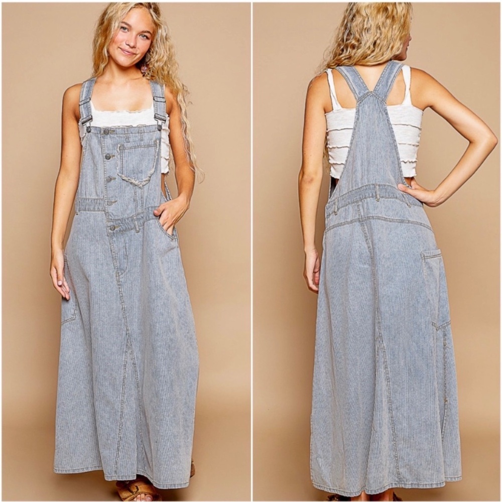 POL M Denim Skirtall railroad striped overall dress